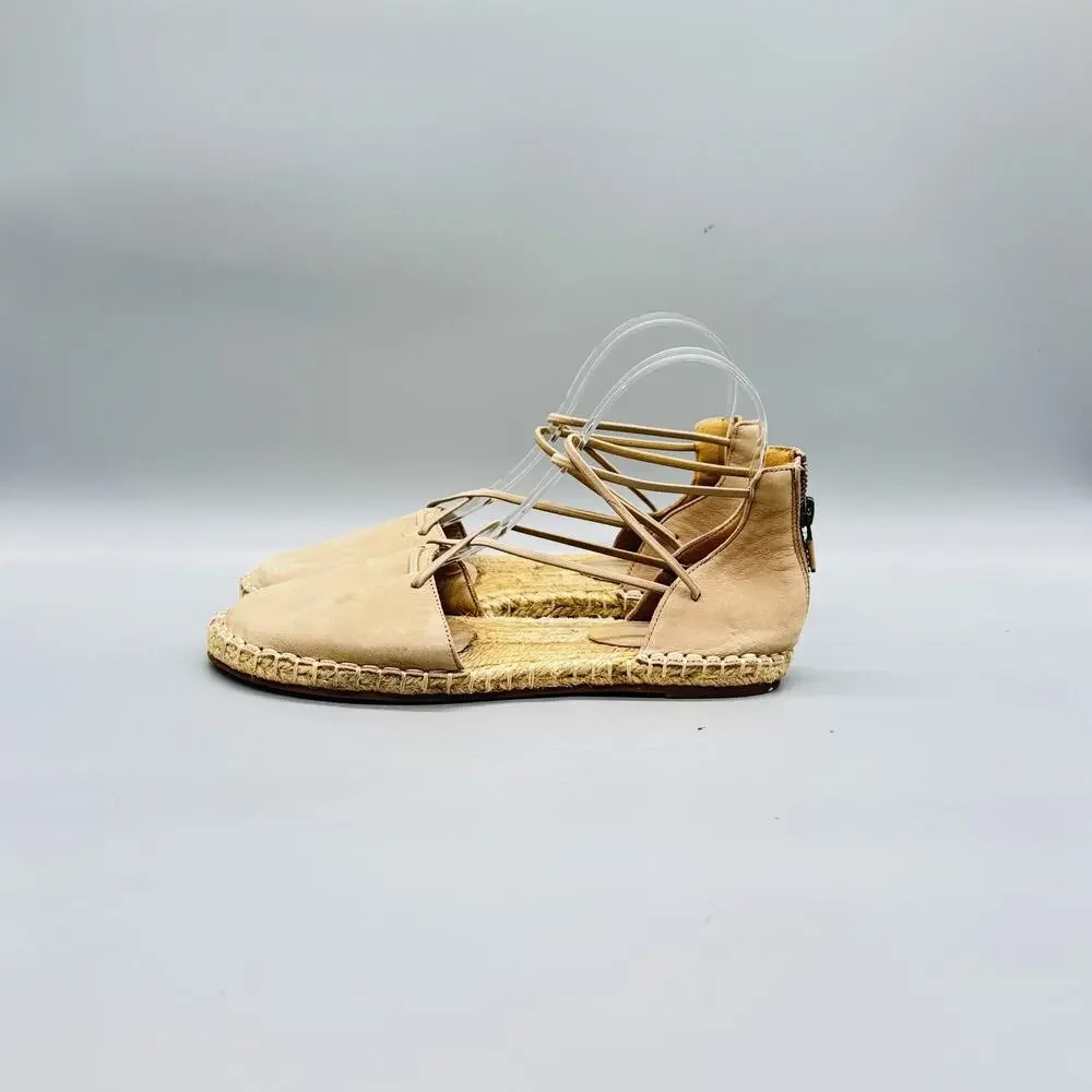 Eileen Fisher Sandals Womens 6 Beige Leather Espadrille Strappy Lace Up Flats